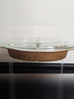 Vintage Pyrex 1960s Early American Divided Casserole Dish with Lid